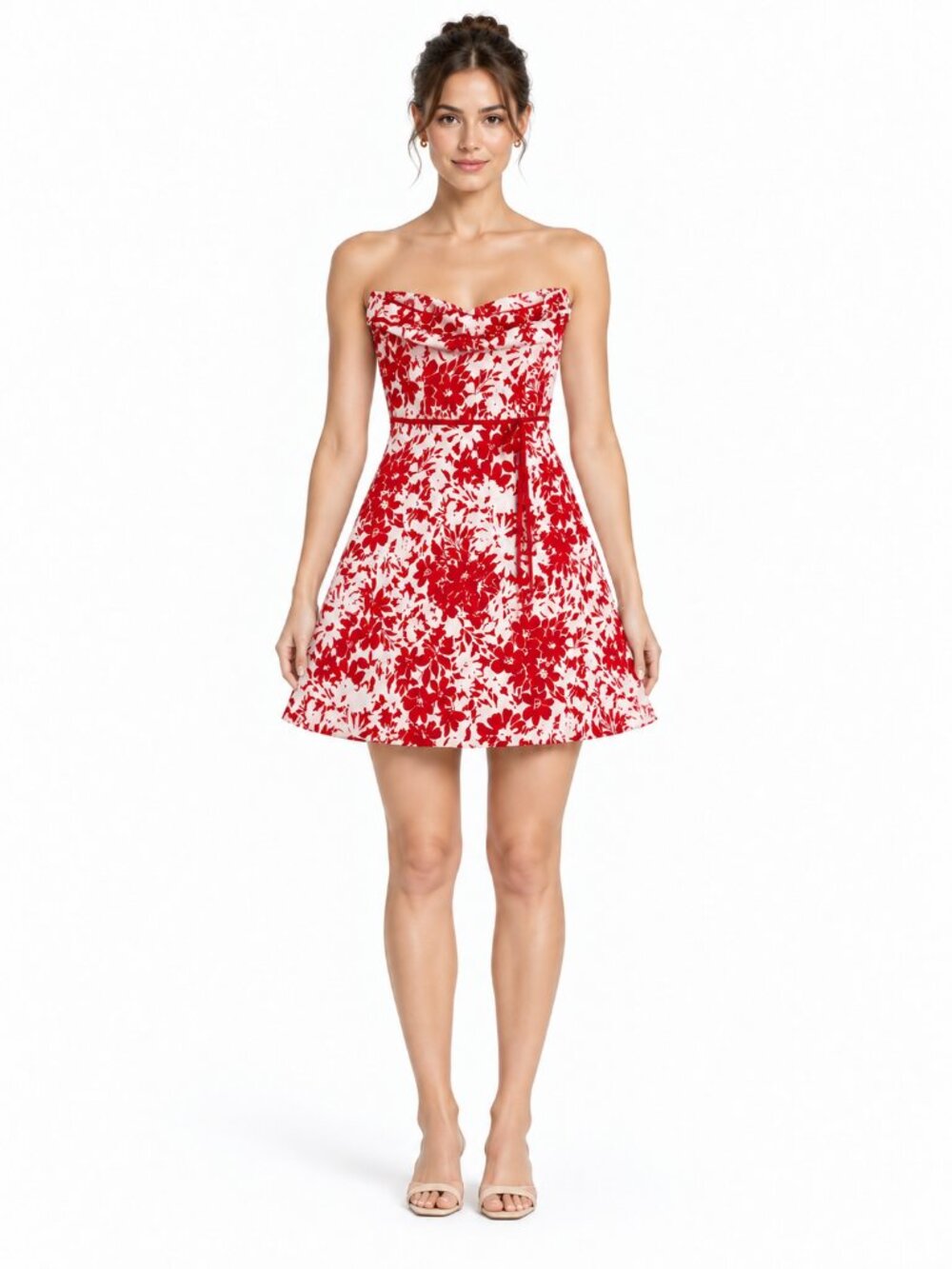 Majora Red White Floral Strapless Mini Dress M